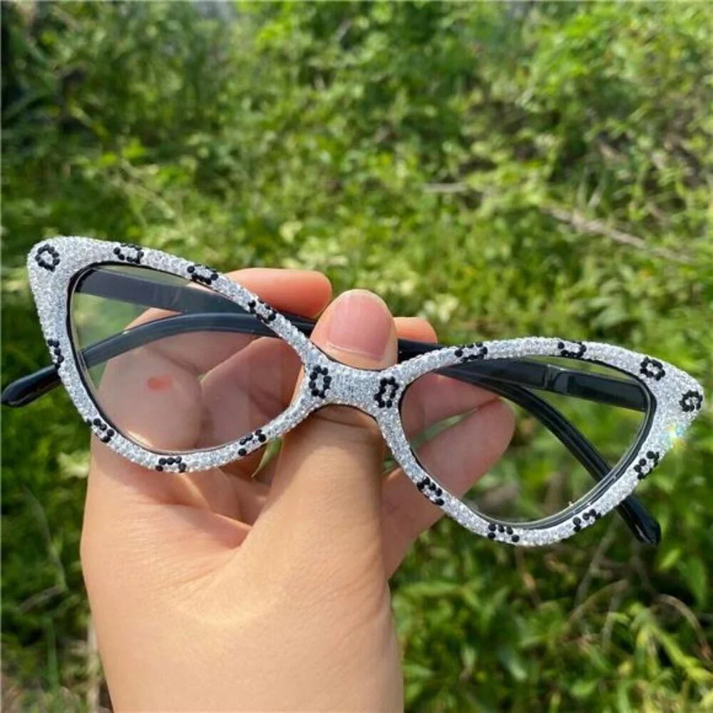White Rhinestone Cat-Eye Glasses Vintage Frames with Black Leopard X1.0 Magnify